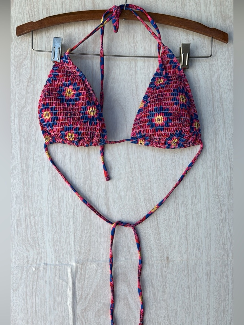 Source Unknown Pink Floral Smocked Triangle Bikini Top